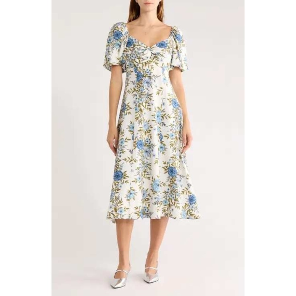Avec Les Filles Blue Floral Linen Blend Puff Sleeve Midi Dress White Size 6